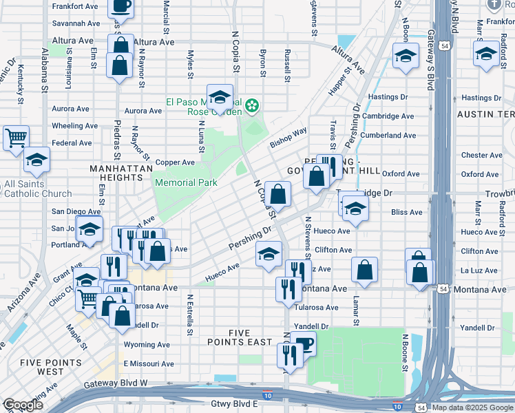 map of restaurants, bars, coffee shops, grocery stores, and more near 3531 North Copia Street in El Paso