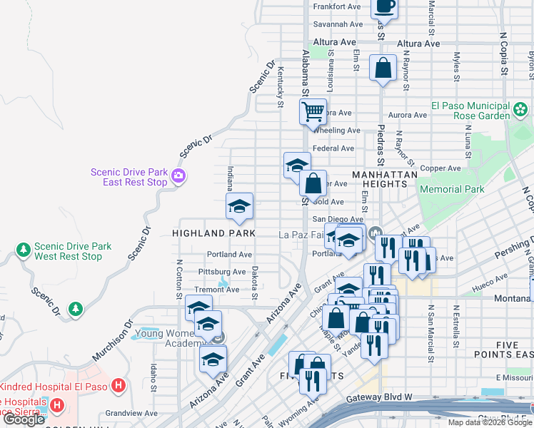 map of restaurants, bars, coffee shops, grocery stores, and more near 2409 San Diego Avenue in El Paso