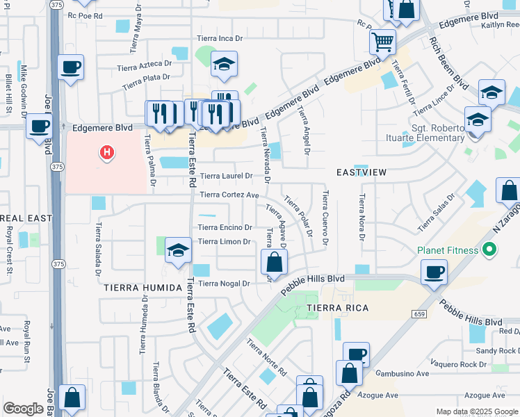 map of restaurants, bars, coffee shops, grocery stores, and more near 3120 Tierra Tuna Drive in El Paso