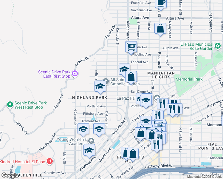 map of restaurants, bars, coffee shops, grocery stores, and more near 2409 San Diego Avenue in El Paso