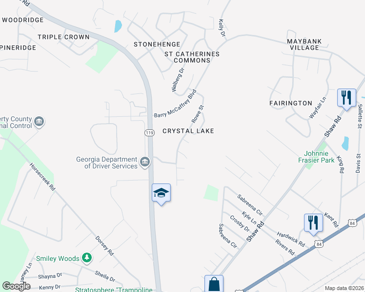 map of restaurants, bars, coffee shops, grocery stores, and more near 2351 Rowe Street in Hinesville