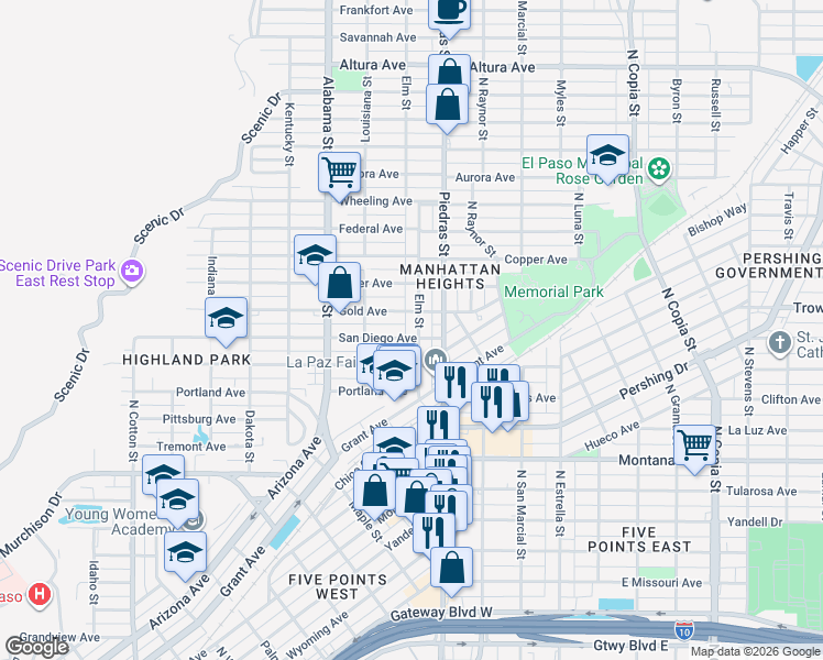 map of restaurants, bars, coffee shops, grocery stores, and more near 1401 Elm Street in El Paso