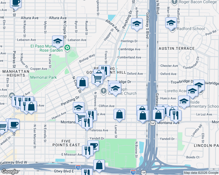 map of restaurants, bars, coffee shops, grocery stores, and more near 3811 Bliss Avenue in El Paso