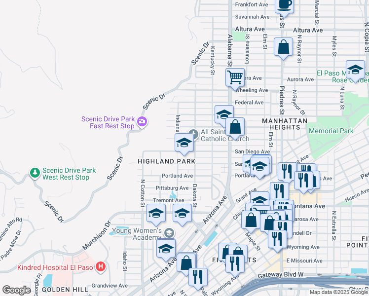 map of restaurants, bars, coffee shops, grocery stores, and more near 2311 San Diego Avenue in El Paso