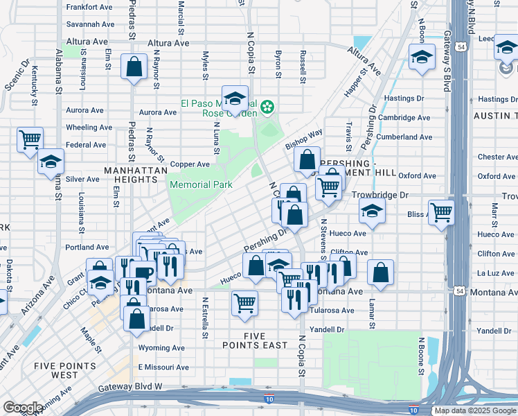 map of restaurants, bars, coffee shops, grocery stores, and more near 1410 North Grama Street in El Paso