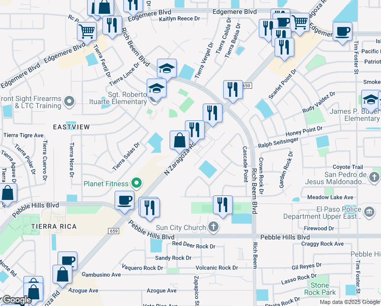 map of restaurants, bars, coffee shops, grocery stores, and more near 3260 North Zaragoza Road in El Paso