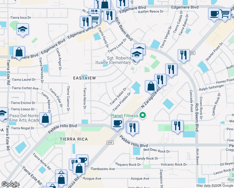 map of restaurants, bars, coffee shops, grocery stores, and more near 3108 Tierra Ayala Drive in El Paso