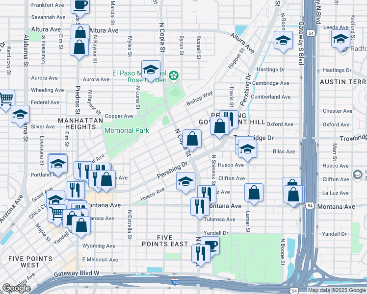 map of restaurants, bars, coffee shops, grocery stores, and more near 3531 North Copia Street in El Paso