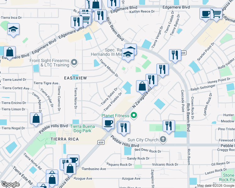 map of restaurants, bars, coffee shops, grocery stores, and more near 12925 Tierra Pueblo Drive in El Paso