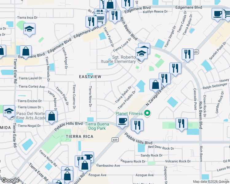 map of restaurants, bars, coffee shops, grocery stores, and more near 3120 Tierra Paola Lane in El Paso