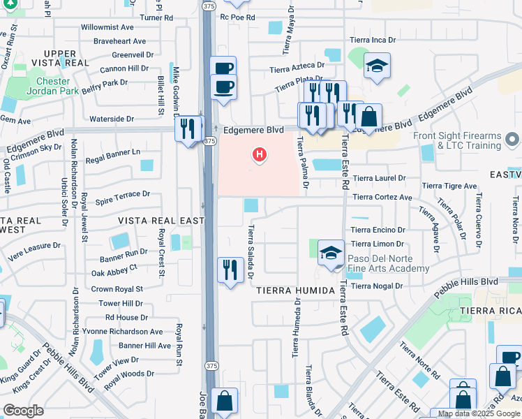 map of restaurants, bars, coffee shops, grocery stores, and more near 3129 Tierra Rio Road in El Paso