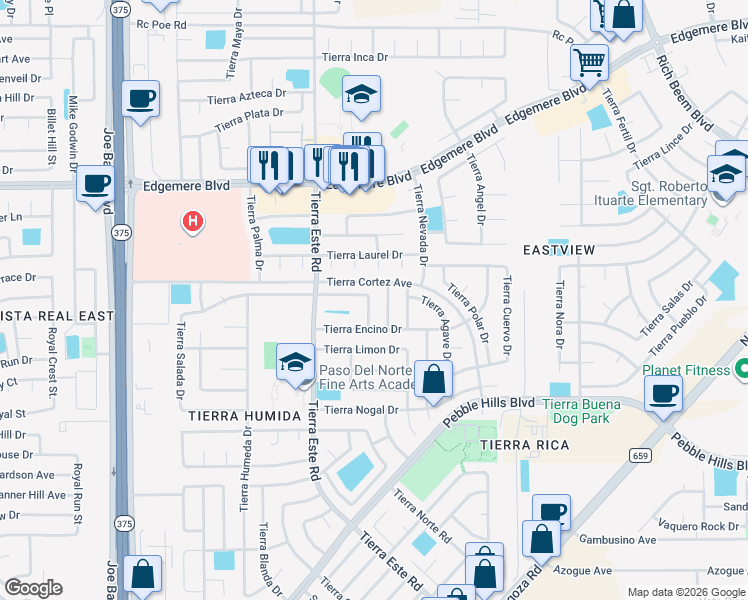 map of restaurants, bars, coffee shops, grocery stores, and more near 3124 Tierra Pino Drive in El Paso