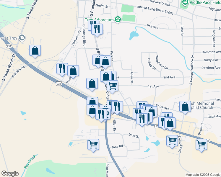 map of restaurants, bars, coffee shops, grocery stores, and more near 106-198 Corley St in Troy