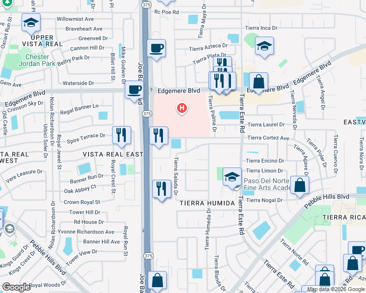 map of restaurants, bars, coffee shops, grocery stores, and more near 3129 Tierra Rio Road in El Paso