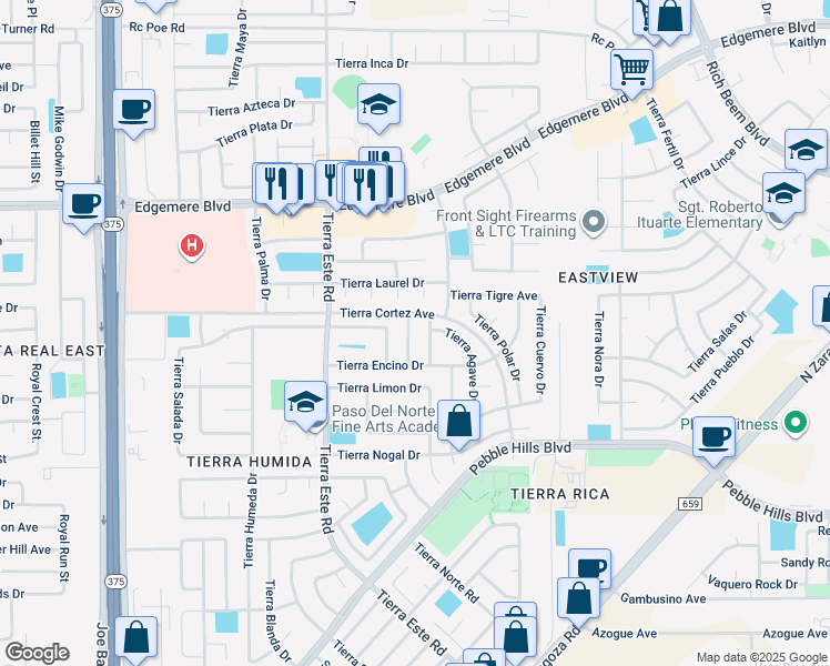 map of restaurants, bars, coffee shops, grocery stores, and more near 3124 Tierra Lima Drive in El Paso
