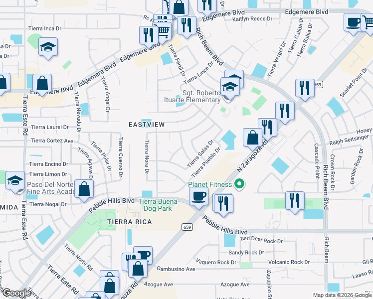 map of restaurants, bars, coffee shops, grocery stores, and more near 3120 Tierra Paola Lane in El Paso