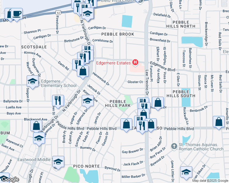 map of restaurants, bars, coffee shops, grocery stores, and more near 10722 Havenrock Drive in El Paso