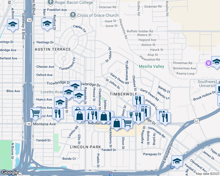 map of restaurants, bars, coffee shops, grocery stores, and more near 5112 Trowbridge Drive in El Paso