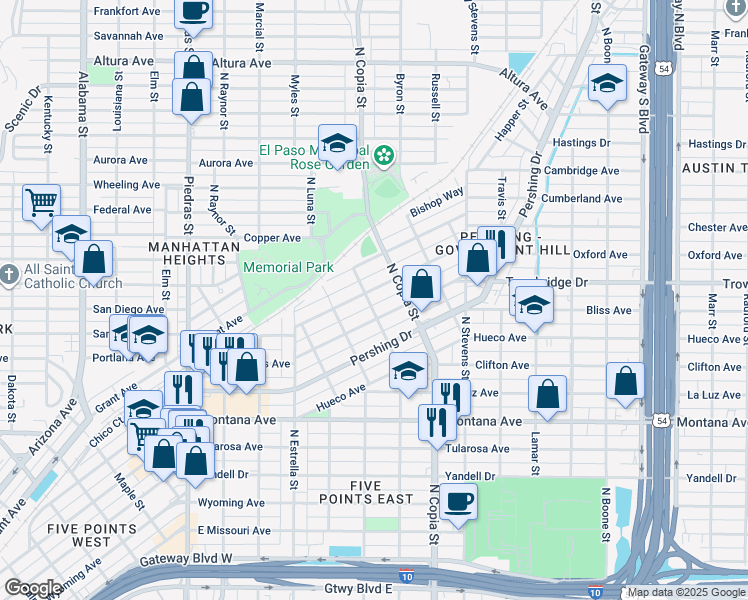 map of restaurants, bars, coffee shops, grocery stores, and more near 1410 North Grama Street in El Paso