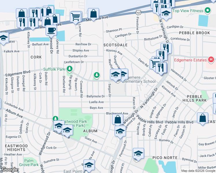 map of restaurants, bars, coffee shops, grocery stores, and more near 10300 Edgemere Boulevard in El Paso