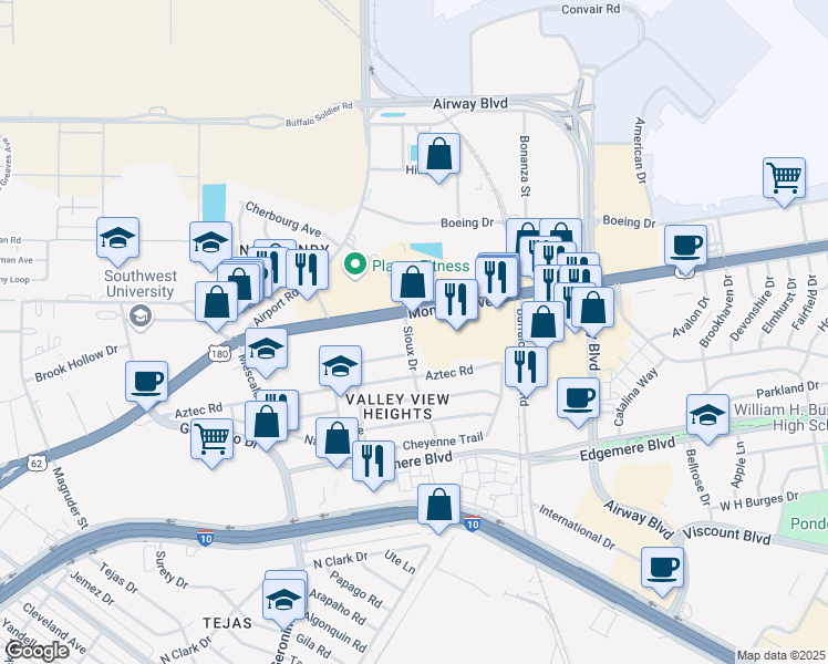 map of restaurants, bars, coffee shops, grocery stores, and more near 1516 Sioux Drive in El Paso