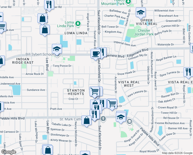 map of restaurants, bars, coffee shops, grocery stores, and more near 11653 Tony Acosta Court in El Paso
