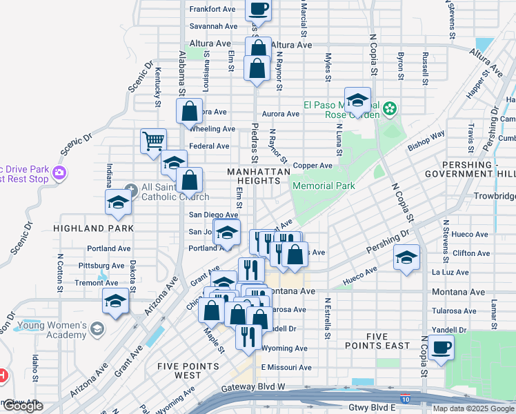map of restaurants, bars, coffee shops, grocery stores, and more near 2931 San Diego Avenue in El Paso