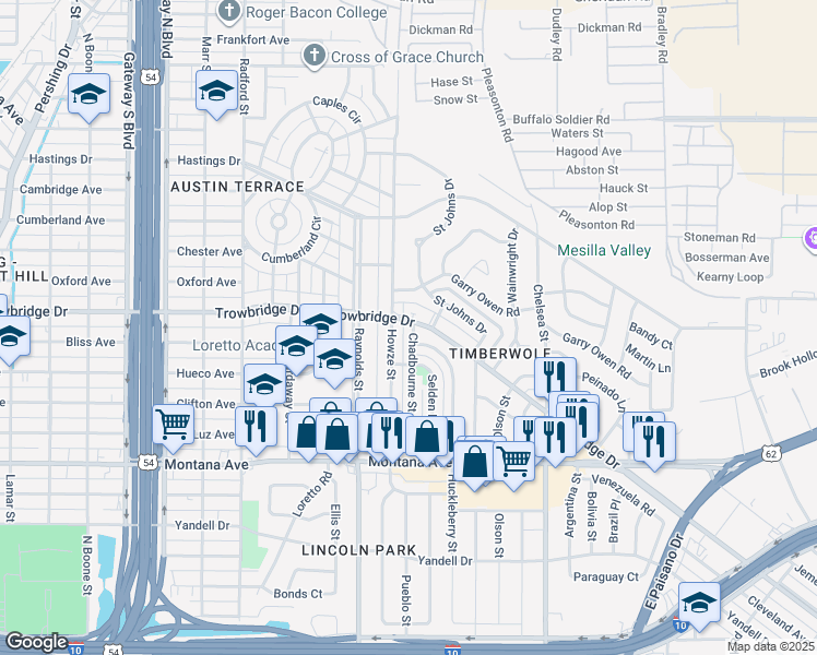 map of restaurants, bars, coffee shops, grocery stores, and more near 1321 Chadbourne Street in El Paso