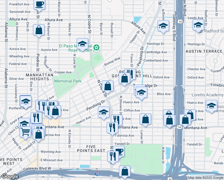 map of restaurants, bars, coffee shops, grocery stores, and more near 3631 Pershing Drive in El Paso