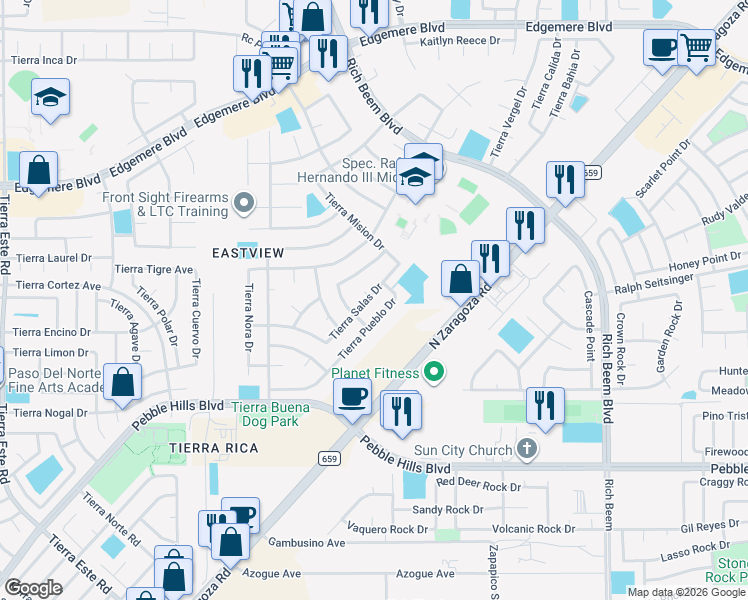 map of restaurants, bars, coffee shops, grocery stores, and more near 12925 Tierra Pueblo Drive in El Paso