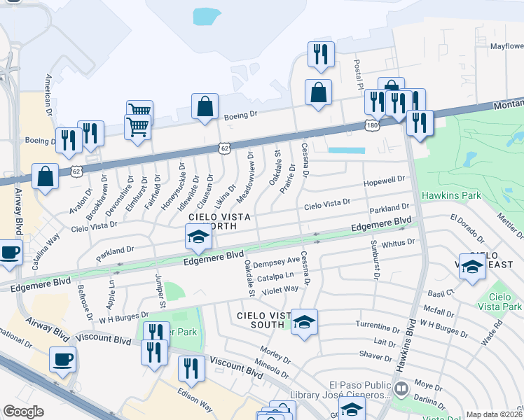 map of restaurants, bars, coffee shops, grocery stores, and more near 8112 Cielo Vista Drive in El Paso
