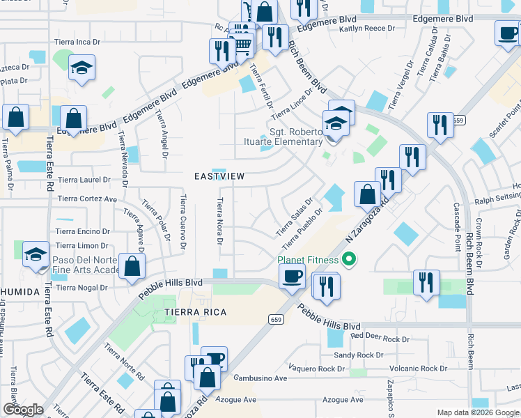 map of restaurants, bars, coffee shops, grocery stores, and more near 3120 Tierra Paola Lane in El Paso