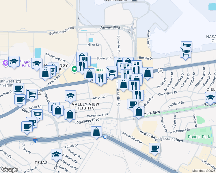 map of restaurants, bars, coffee shops, grocery stores, and more near 6580 Montana Avenue in El Paso