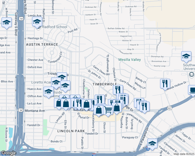 map of restaurants, bars, coffee shops, grocery stores, and more near 1309 Saint Johns Drive in El Paso
