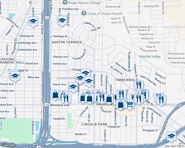 map of restaurants, bars, coffee shops, grocery stores, and more near 1408 Raynolds Street in El Paso