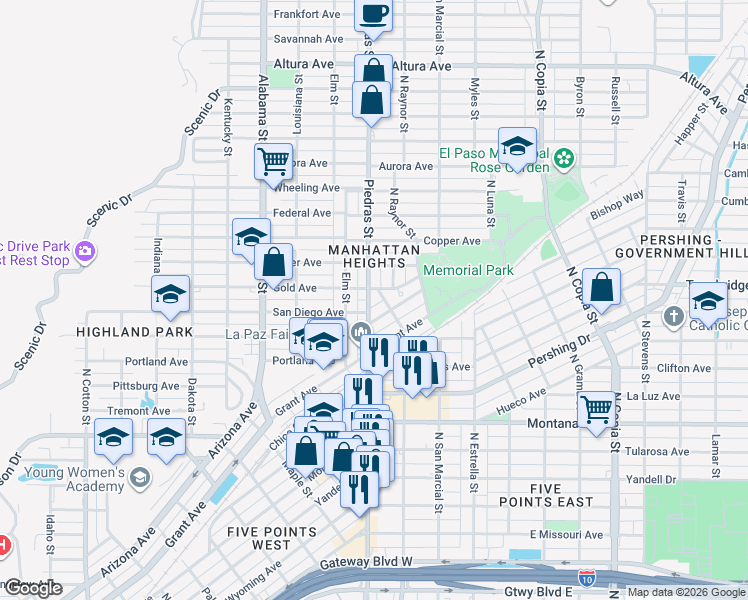 map of restaurants, bars, coffee shops, grocery stores, and more near 2931 San Diego Avenue in El Paso