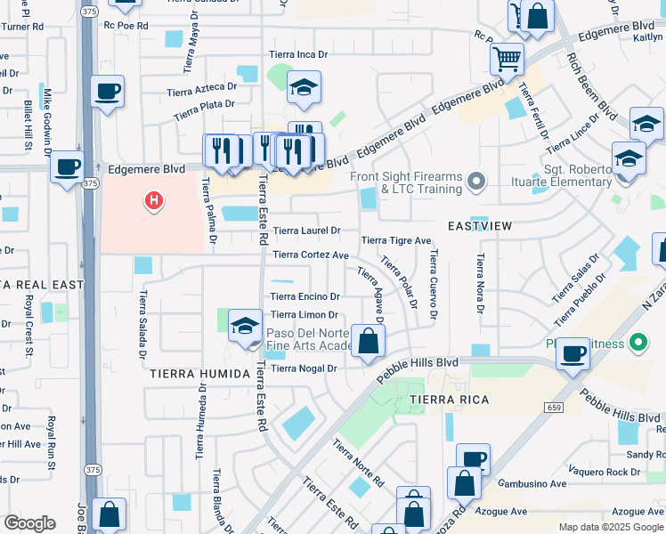 map of restaurants, bars, coffee shops, grocery stores, and more near 3128 Tierra Lima Drive in El Paso