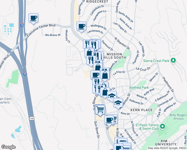 map of restaurants, bars, coffee shops, grocery stores, and more near 3917 North Mesa Street in El Paso