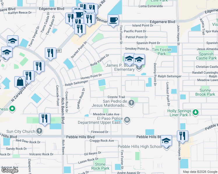 map of restaurants, bars, coffee shops, grocery stores, and more near 3136 Coyote Park Drive in El Paso