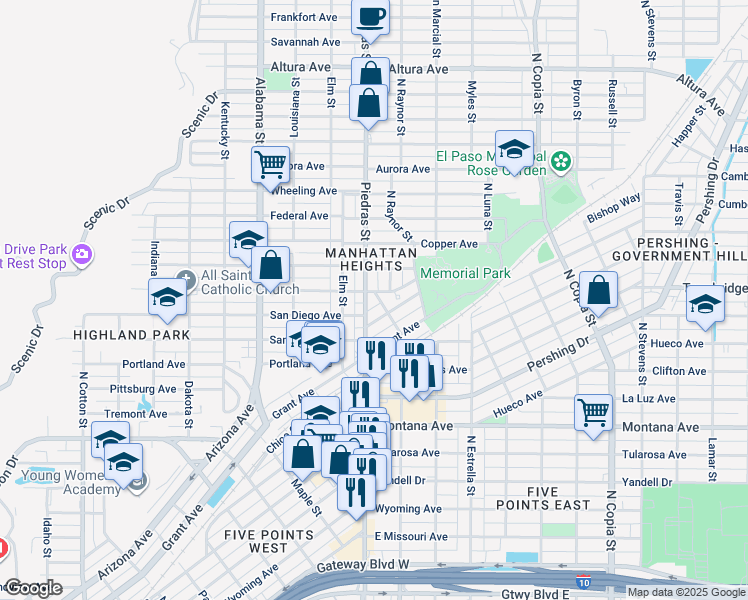 map of restaurants, bars, coffee shops, grocery stores, and more near 2931 San Diego Avenue in El Paso