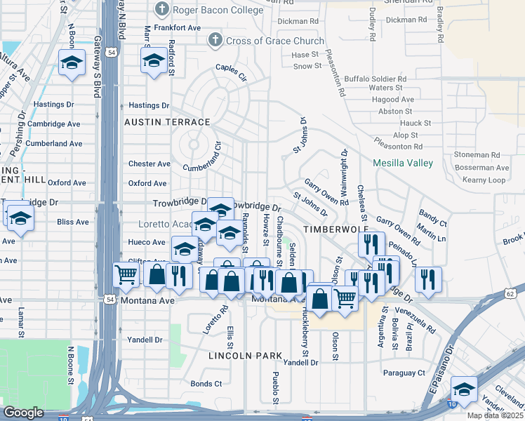 map of restaurants, bars, coffee shops, grocery stores, and more near 1421 Howze Street in El Paso