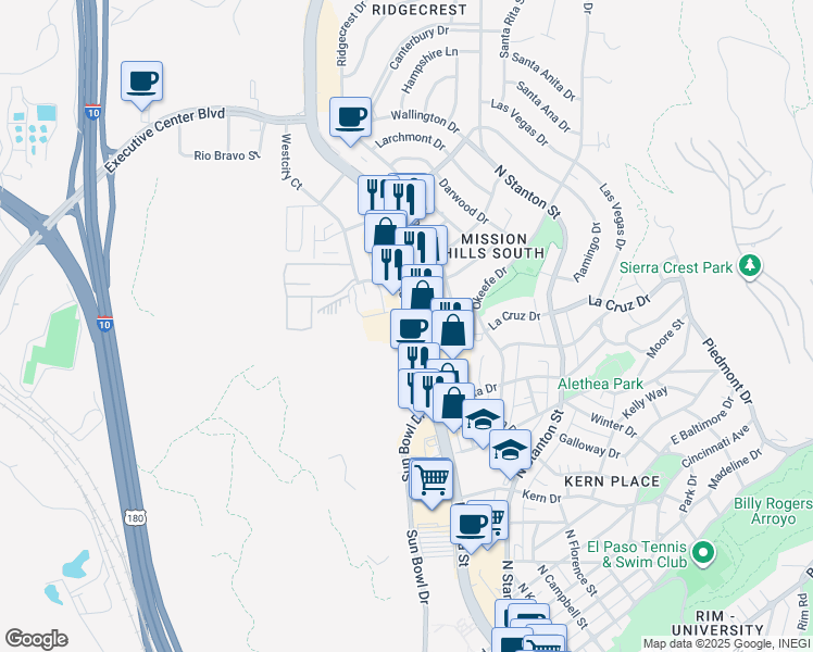 map of restaurants, bars, coffee shops, grocery stores, and more near 3917 North Mesa Street in El Paso