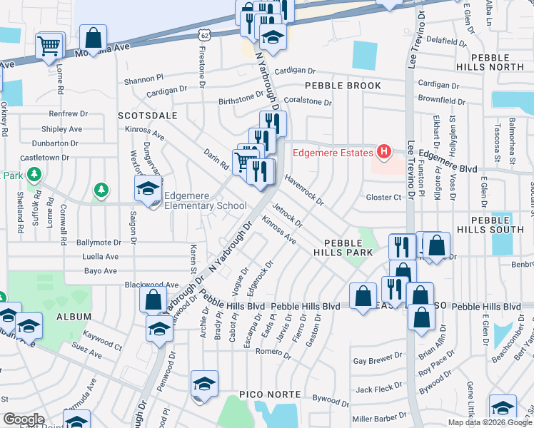 map of restaurants, bars, coffee shops, grocery stores, and more near 10604 Kinross Avenue in El Paso