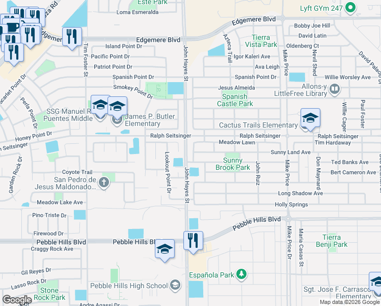 map of restaurants, bars, coffee shops, grocery stores, and more near 3125 Clearbrook Place in El Paso