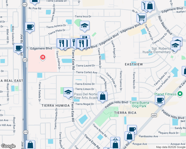 map of restaurants, bars, coffee shops, grocery stores, and more near 3124 Tierra Pino Drive in El Paso