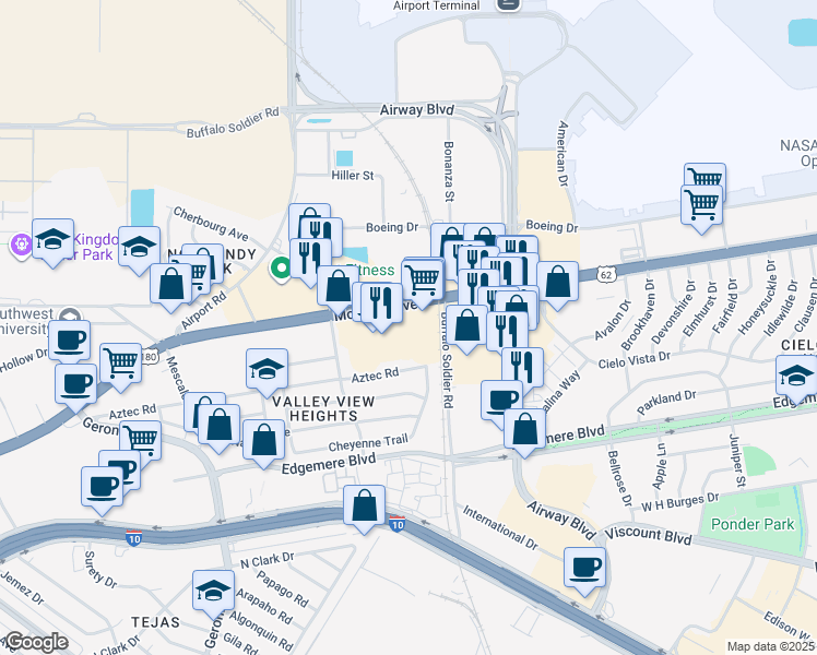 map of restaurants, bars, coffee shops, grocery stores, and more near 6580 Montana Avenue in El Paso