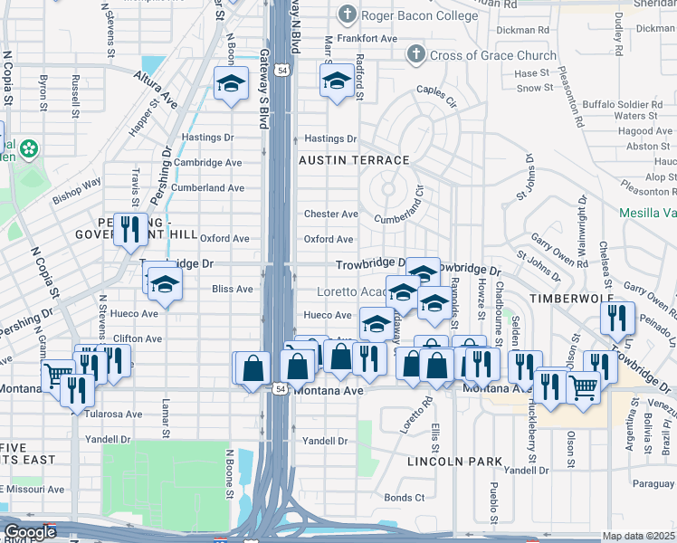 map of restaurants, bars, coffee shops, grocery stores, and more near 4407 Bliss Avenue in El Paso