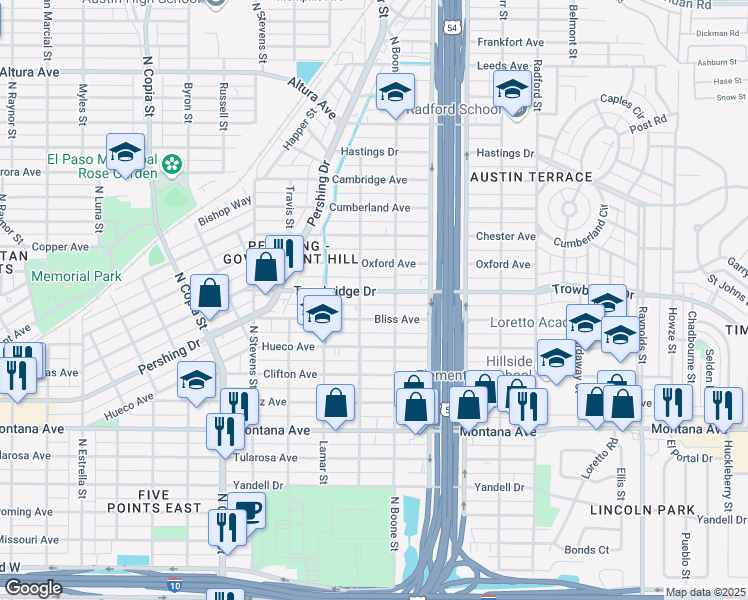 map of restaurants, bars, coffee shops, grocery stores, and more near 4011 Bliss Avenue in El Paso