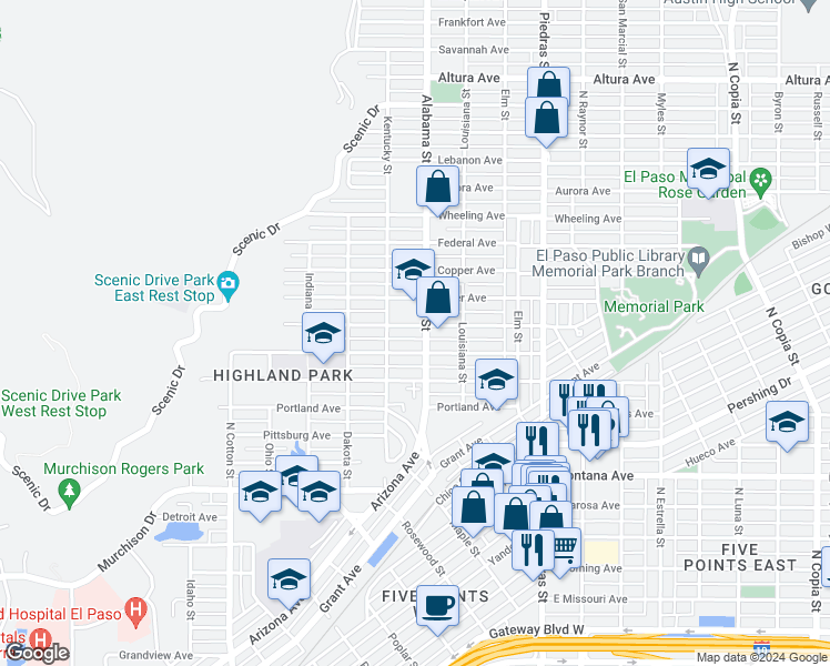 map of restaurants, bars, coffee shops, grocery stores, and more near 2511 San Diego Avenue in El Paso