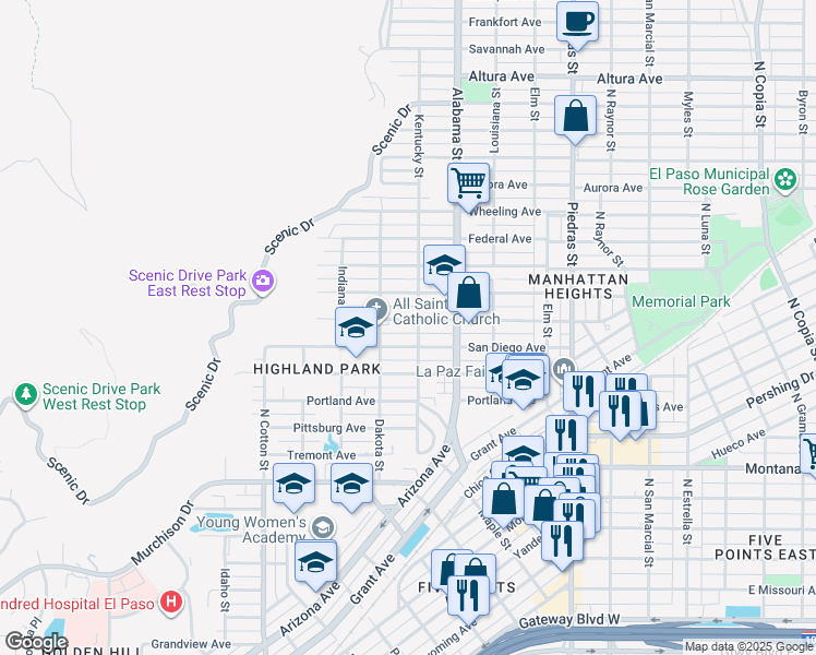 map of restaurants, bars, coffee shops, grocery stores, and more near 2409 San Diego Avenue in El Paso